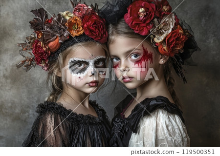Two girls with painted faces and flowers in their hair 119500351