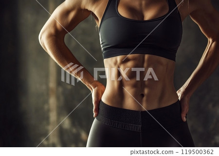 Athletic woman posing and showing her six pack abs 119500362