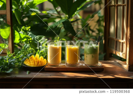 Three refreshing smoothies with mango and mint on wooden table by window 119500368