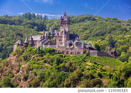 Cochem and Reichsburg Castle on the Moselle River, Germany 119500385