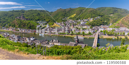 Panoramic View of Cochem and Reichsburg Castle on the Moselle River, Germany Panoramic View of Cochem and Reichsburg Castle on the Moselle River, Germany 119500388