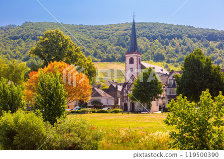 Traditional Church in a German Village with Hillside Vineyards 119500390
