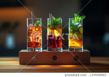 Three colorful cocktails standing on wooden desk are waiting for bartender Three colorful cocktails standing on wooden desk are waiting for bartender 119500403