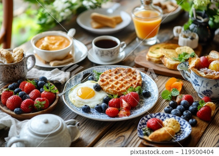Delicious breakfast served on wooden table with waffle, fried egg and berries 119500404