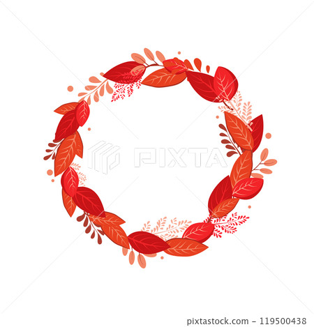 Vector isolated round frame of red dry autumn leaves. Border for text. Flat clipart for design Vector isolated round frame of red dry autumn leaves. Border for text. Flat clipart for design 119500438