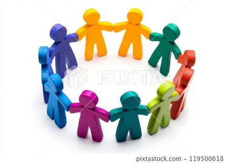 Colorful figurines holding hands in a circle on white background Colorful figurines holding hands in a circle on white background 119500618