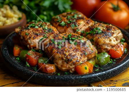 Roasted chicken thighs seasoned with herbs and spices on a plate Roasted chicken thighs seasoned with herbs and spices on a plate 119500685
