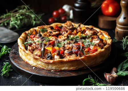 Delicious savory pie with chicken and peppers on rustic wooden table Delicious savory pie with chicken and peppers on rustic wooden table 119500686