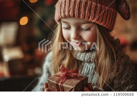 Smiling girl holding christmas present under tree Smiling girl holding christmas present under tree 119500688