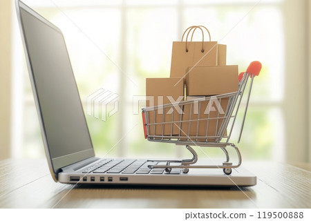 Shopping cart full of cardboard boxes standing on a laptop keyboard 119500888