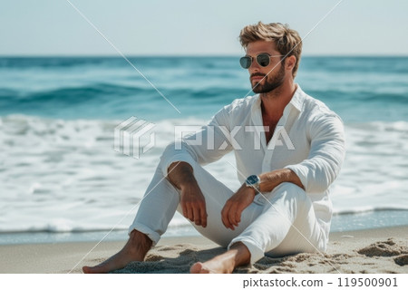 Handsome man wearing sunglasses relaxing on the beach 119500901