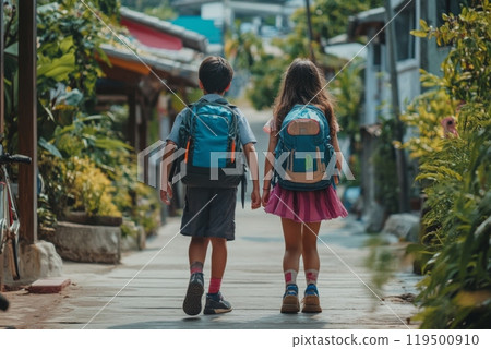 Elementary school students walking home together after class Elementary school students walking home together after class 119500910