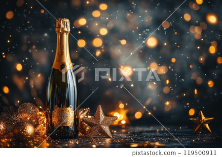 Bottle of sparkling wine surrounded by golden christmas decoration on sparkling background Bottle of sparkling wine surrounded by golden christmas decoration on sparkling background 119500911