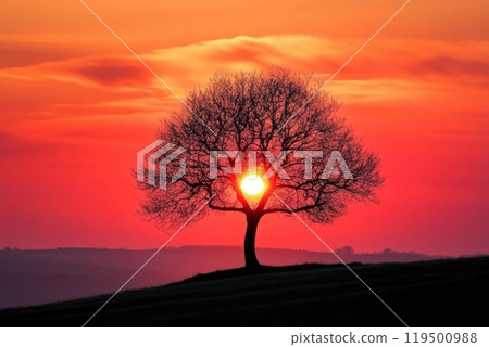 Bare tree silhouetted against a vivid and colorful sunset 119500988