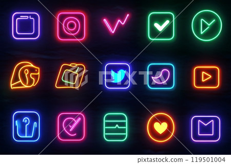 Set of colorful neon social media icons shining in the dark 119501004