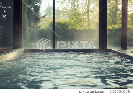 Steaming indoor hot tub overlooking tranquil garden 119501006