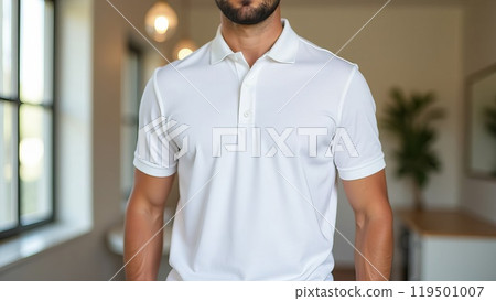 Mock-up of a white T-shirt with the image of a man with a beard, stylish street clothes for design, printing, pattern, branding, front view 119501007