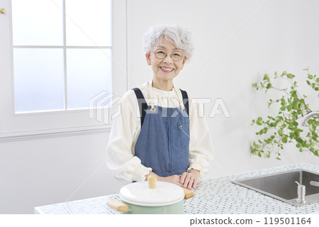 Portrait of an elderly woman standing in the kitchen Portrait of an elderly woman standing in the kitchen 119501164
