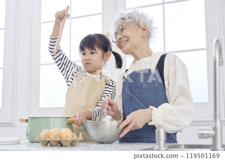 Grandmother and grandson cooking in the kitchen Grandmother and grandson cooking in the kitchen 119501169