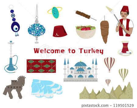 說到土耳其,旅遊景點、美食和紀念品的一組插圖 說到土耳其,旅遊景點、美食和紀念品的一組插圖 119501529