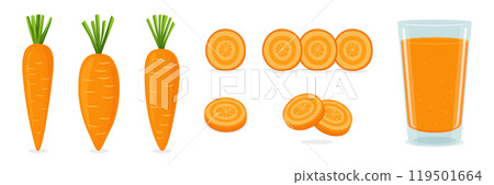 Flat Vector Cartoon Carrot Illustration Set. Whole and Sliced Isolated Carrots with Fresh Carrot Juice Glass. Colorful, Fun Design Template, Clipart for Food and Drink Concept 119501664
