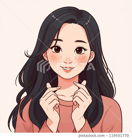 一位女士用雙手製作心型手指，人工智慧生成 119501770