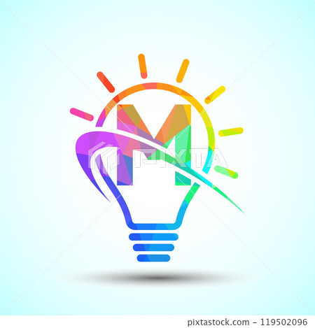 English alphabet with light bulb and swoosh. Electric bulb logo template. Low poly electricity logo English alphabet with light bulb and swoosh. Electric bulb logo template. Low poly electricity logo 119502096
