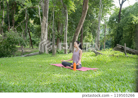 Young Woman Practicing Yoga Outdoors in a Serene Garden Setting, Embracing Nature and Tranquility 119503266