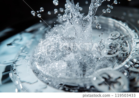 A splash of water in a sink with gears and a clock 119503433