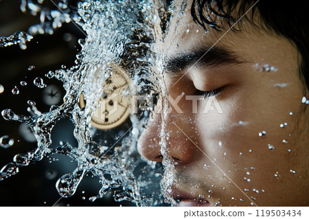 A man is splashing water on his face 119503434