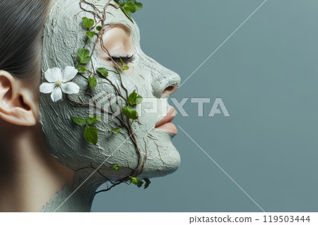 A woman's head is covered in vines and leaves 119503444