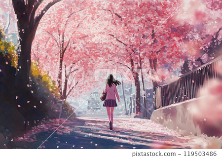 Rear view of a young woman walking along a row... - Stock Illustration ...