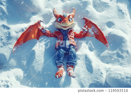 A small toy lizard is laying in the snow with its mouth open 119503518