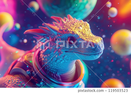 A colorful space scene with a small lizard wearing a space suit A colorful space scene with a small lizard wearing a space suit 119503523