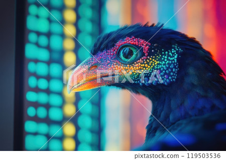 A colorful bird with a rainbow-colored beak and feathers 119503536