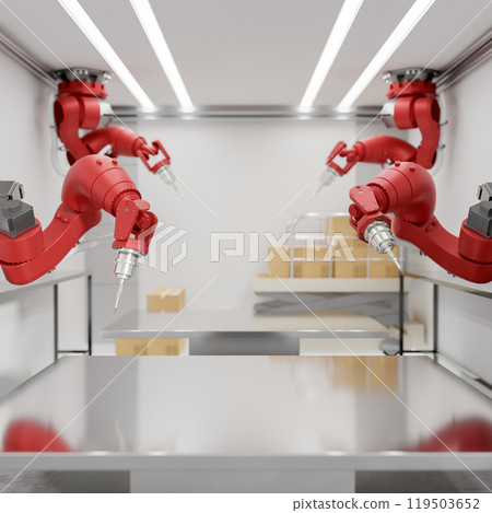 A close-up space for displaying products on a tabletop surrounded by red robotic assembly arms. A close-up space for displaying products on a tabletop surrounded by red robotic assembly arms. 119503652