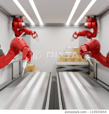 Red robotic assembly arms in a production line over double conveyor belts in a modern factory. Red robotic assembly arms in a production line over double conveyor belts in a modern factory. 119503654