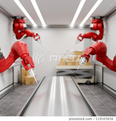 Red robotic assembly arms in a production line over a conveyor belts in a modern factory. 119503656