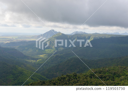 Dramatic mountain range view in Mauritius with clouds. 119503730