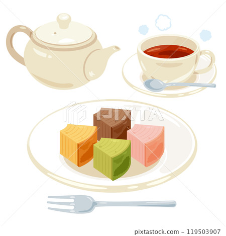 年輪蛋糕和茶具放在盤子上 年輪蛋糕和茶具放在盤子上 119503907