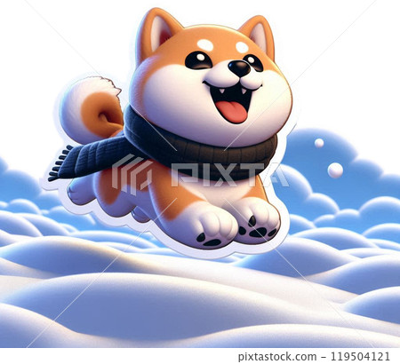A smiling Shiba Inu running through the winter sky 119504121