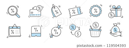 Doodle discount sale icon set. Discount percent, shop sale coupon hand drawn sketch line pen stroke style icon. Special price offer deal sketch doodle drawn collection. Vector Doodle discount sale icon set. Discount percent, shop sale coupon hand drawn sketch line pen stroke style icon. Special price offer deal sketch doodle drawn collection. Vector 119504393