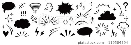 Comic cartoon effect smoke, boom element set. Comic speech bubble, boom burst, explosive smoke, line speed cartoon vector icon. Hand drawn sketch doodle speed element, splash. Vector 119504394