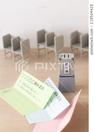 Ballot, miniature ballot box, voting table 119504428