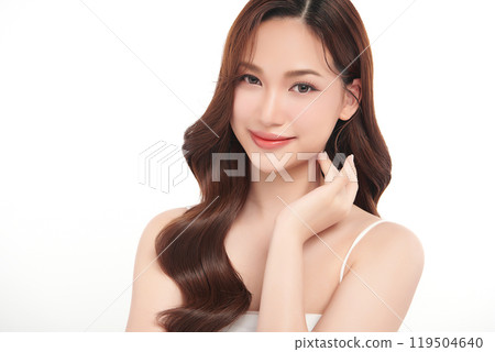 Beautiful young asian woman with clean fresh skin on white background, Face care, Facial treatment, Cosmetology, beauty and spa, Asian women portrait. Beautiful young asian woman with clean fresh skin on white background, Face care, Facial treatment, Cosmetology, beauty and spa, Asian women portrait. 119504640