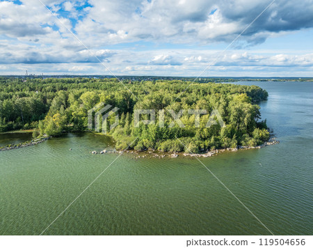 Aerial view of lake or river green shore with forest. Summer season. 119504656