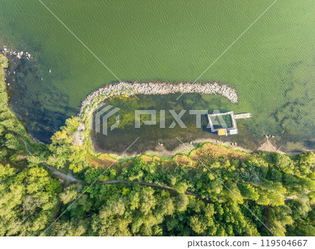 Aerial view of lake or river green shore with forest. Summer season. Aerial view of lake or river green shore with forest. Summer season. 119504667