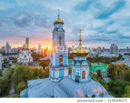 Summer Yekaterinburg, Temple of the Ascension and Temple on Blood in beautiful clear sunset. 119504673