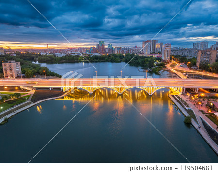 Makarovsky bridge in Yekaterinburg in night with illumination 119504681