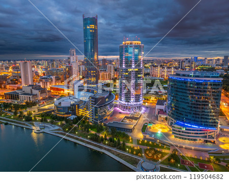 Yekaterinburg city and pond aerial panoramic view at summer or early autumn night. Night city in the early autumn or summer. 119504682